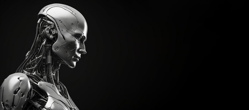 Black and white photorealistic studio portrait of a humanoid cyborg robot on black background. Generative AI illustration