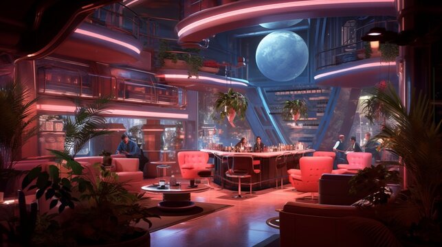 Space Odyssey concept art cocktail bar, plants in glass tubes, hard surface interior environment pink neon lights, sci fi, generated with ai