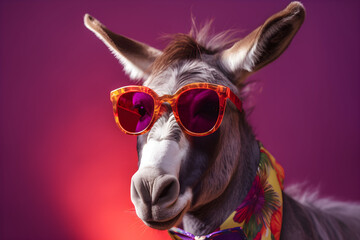 Funny donkey wearing sunglasses in studio with a colorful and bright background. Generative AI
