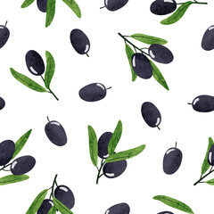 Seamless olives pattern. Vector watercolor olive branches background