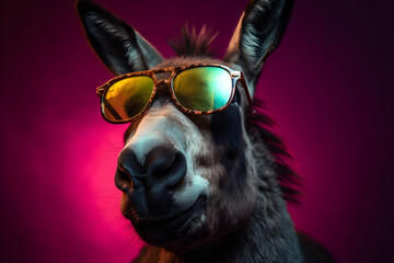 Funny donkey wearing sunglasses in studio with a colorful and bright background. Generative AI