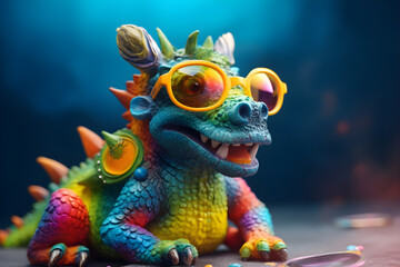 Funny dragon wearing sunglasses in studio with a colorful and bright background. Generative AI