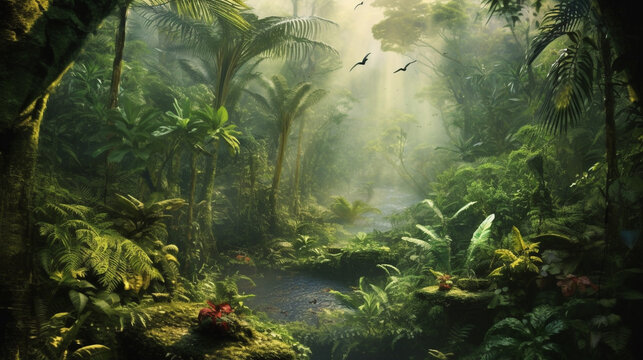 "Primal beauty: A look into the lush canopy of the Mesozoic rainforest, home to dinosaurs and exotic plants." Generative AI.