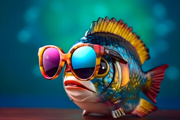 Funny fish wearing sunglasses in studio with a colorful and bright background. Generative AI