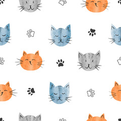 Seamless cute cat faces pattern. Baby print. Vector watercolor illustration