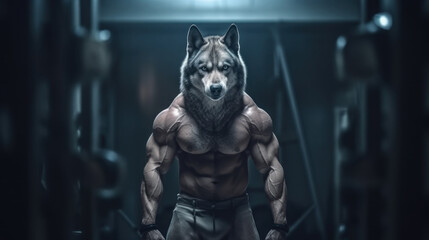 Fototapeta na wymiar A muscular wolf in the gym, fitness, exercise, cinematic, dramatic generative ai