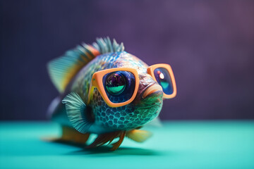 Funny fish wearing sunglasses in studio with a colorful and bright background. Generative AI - obrazy, fototapety, plakaty