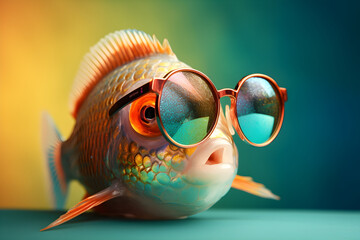 Funny fish wearing sunglasses in studio with a colorful and bright background. Generative AI - obrazy, fototapety, plakaty