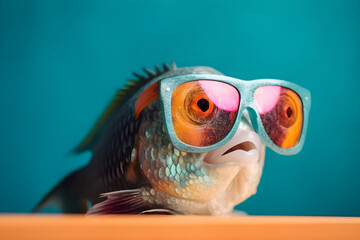 Funny fish wearing sunglasses in studio with a colorful and bright background. Generative AI