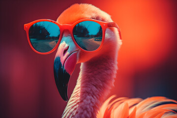 Funny flamingo wearing sunglasses in studio with a colorful and bright background. Generative AI - obrazy, fototapety, plakaty