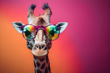 Fototapety  Funny giraffe wearing sunglasses in studio with a colorful and bright background. Generative AI