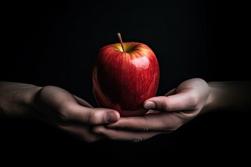  Two hands holding an apple with a black background (Generative AI, Generativ, KI)