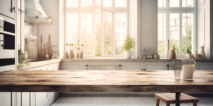 wooden table sitting in white kitchen with window