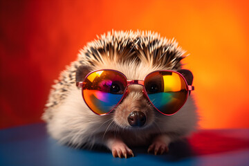 Funny hedgehog wearing sunglasses in studio with a colorful and bright background. Generative AI