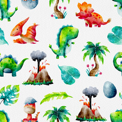 Vivid Cute Prehistoric Life Watercolor Seamless Pattern © Farissa