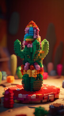 cactus with flowers from a children's constructor, mexican kids style, generation ai