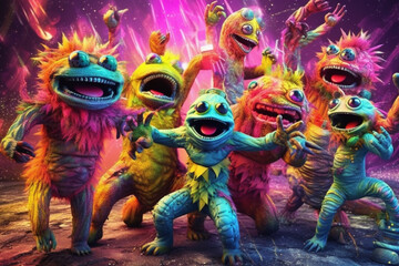 Funny-looking colorful monsters having fun. Junkie aliens partying together, dancing, tripping, smiling	. Generative AI illustration
