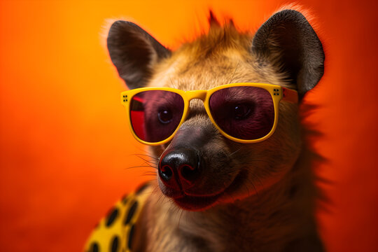 Funny hyena wearing sunglasses in studio with a colorful and bright background. Generative AI