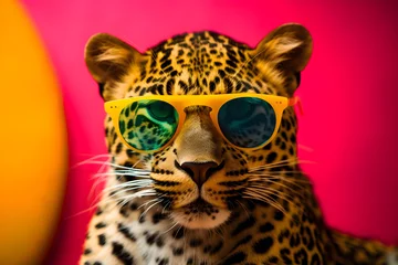 Gartenposter Funny leopard wearing sunglasses in studio with a colorful and bright background. Generative AI © Mihai Zaharia