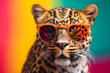 Fototapeta na wymiar Funny leopard wearing sunglasses in studio with a colorful and bright background. Generative AI