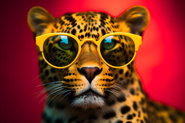 Obraz premium Funny leopard wearing sunglasses in studio with a colorful and bright background. Generative AI