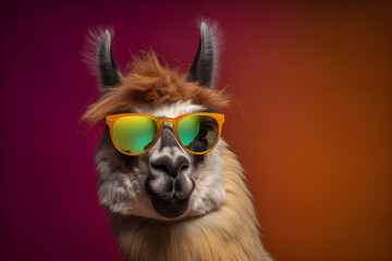 Funny llama wearing sunglasses in studio with a colorful and bright background. Generative AI