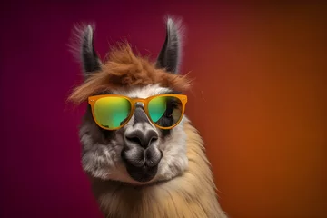 Selbstklebende Fototapete Lama Funny llama wearing sunglasses in studio with a colorful and bright background. Generative AI