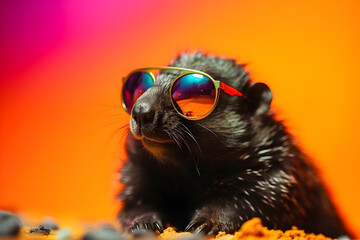 Funny mole wearing sunglasses in studio with a colorful and bright background. Generative AI