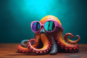 Funny octopus wearing sunglasses in studio with a colorful and bright background. Generative AI - obrazy, fototapety, plakaty