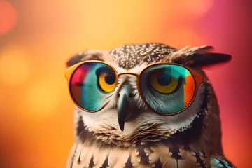 Tuinposter Funny owl wearing sunglasses in studio with a colorful and bright background. Generative AI © Mihai Zaharia