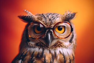 Funny owl wearing sunglasses in studio with a colorful and bright background. Generative AI