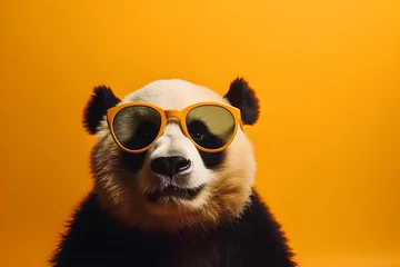 Gartenposter Funny panda wearing sunglasses in studio with a colorful and bright background. Generative AI © Mihai Zaharia