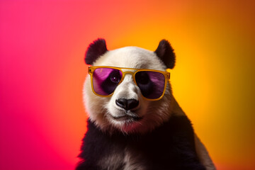 Fototapety  Funny panda wearing sunglasses in studio with a colorful and bright background. Generative AI