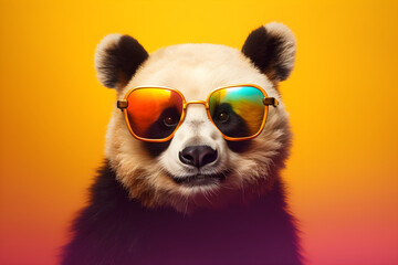 Funny panda wearing sunglasses in studio with a colorful and bright background. Generative AI