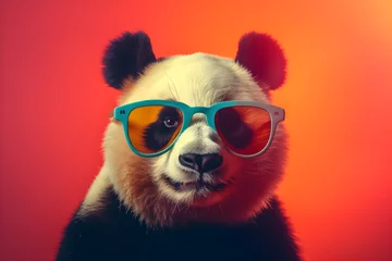Fotobehang Funny panda wearing sunglasses in studio with a colorful and bright background. Generative AI © Mihai Zaharia