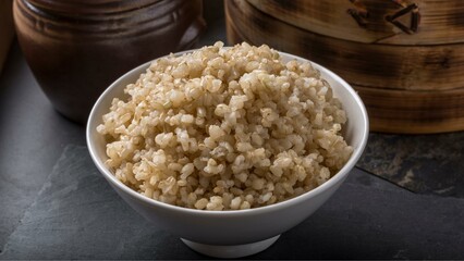 Wholesome Goodness: Captivating Close-up of Cooked Brown Rice in a Bowl