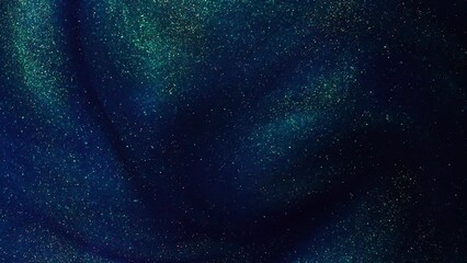 Slow Motion floating Gold Particles in Blue Liquid with Green Tints. Golden streams of dust particles flow and spiral in slow motion in blue fluid infused with green tints.