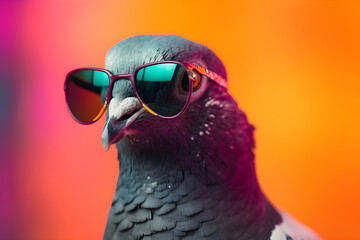 Funny pigeon wearing sunglasses in studio with a colorful and bright background. Generative AI