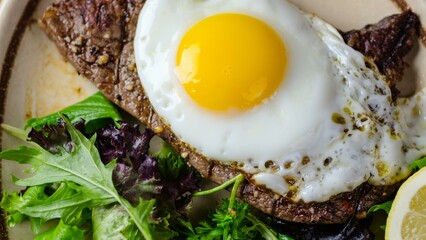 Perfect Pairing: Top-View Close-up of Steak and Egg with Fresh Salad, A Satisfying Combination