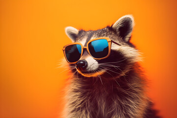 Funny raccoon wearing sunglasses in studio with a colorful and bright background. Generative AI - obrazy, fototapety, plakaty