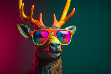 Funny reindeer wearing sunglasses in studio with a colorful and bright background. Generative AI