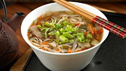 Quick and Satisfying: Mouthwatering Close-up of Instant Ramen Noodles Ready to Serve