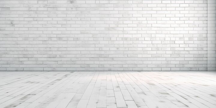 A white wall brickwork brick textured background with white wooden floor. A.I. generated.
