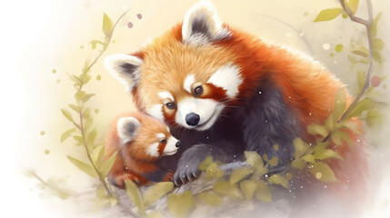 illustration of red panda loving her baby red pandas, in the wild. Generative AI