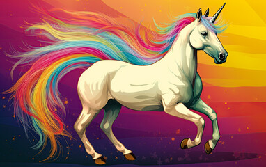 Plakat White unicorn symbol of lgbt gay community in Rainbow flag colors. Ai Generative illustration