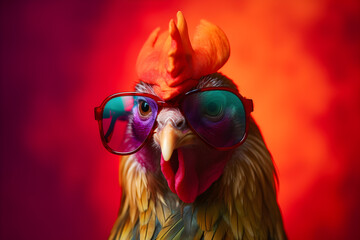 Funny rooster wearing sunglasses in studio with a colorful and bright background. Generative AI