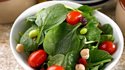 Vibrant Greens: Captivating Close-up of Fresh Spinach Salad with Grape Tomato, Edamame, and Pomegranate