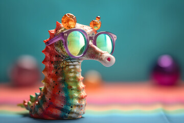 Funny seahorse wearing sunglasses in studio with a colorful and bright background. Generative AI