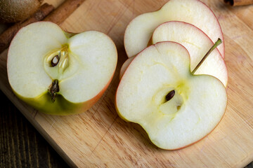 Sliced apple on a chopping board, close up