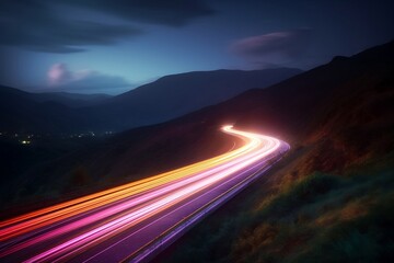 a long speed light trail in high exposure background., multi color Generative AI